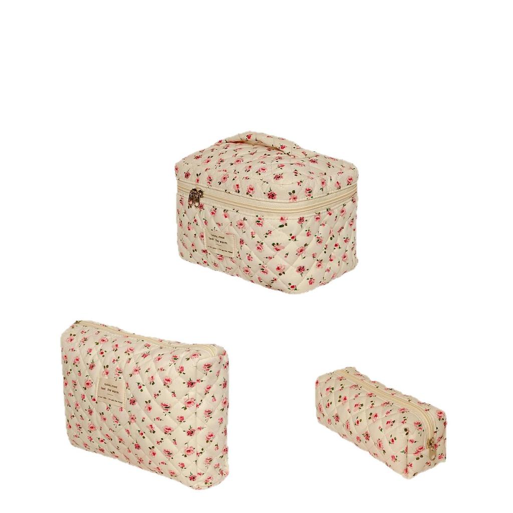 Damväska för kosmetika, blommig, quiltad - Stor kapacitet, portabel, fräsch stil