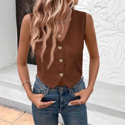 Women's Sleeveless Vest Top V Neck Button Down Crop Tank Top Summer Going Out Waistcoat Casual Business Shirt