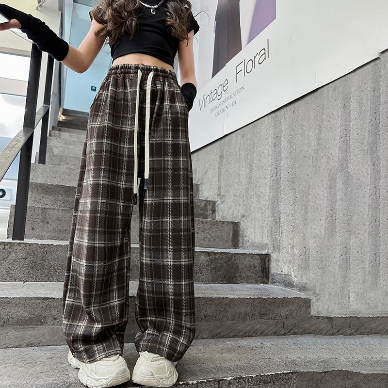 

Kids Cotton Spring Autumn Plaid Pants for Teenage Girls Causal Loose Straight Drawstring Trousers Child Fashion Sweatpants 170 кавовий