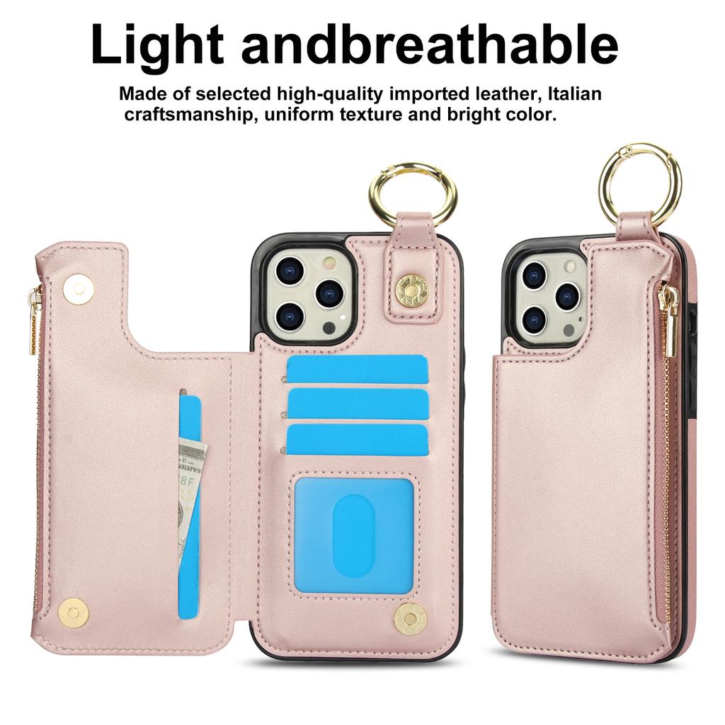 Applicable to iPhone16 mobile phone case, Samsung S24 solid color double buckle ring zipper wallet case A55 anti-drop leather case