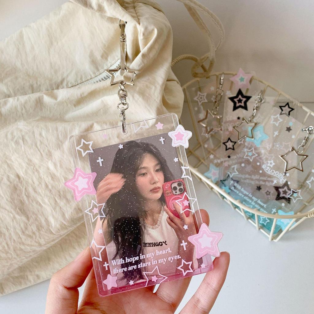 Ins Star Photocard Holder Acrylic Glitter Card Case Idol Photo Frame Photo Album ID Card Card Film Sleeve With Pendant Keychian