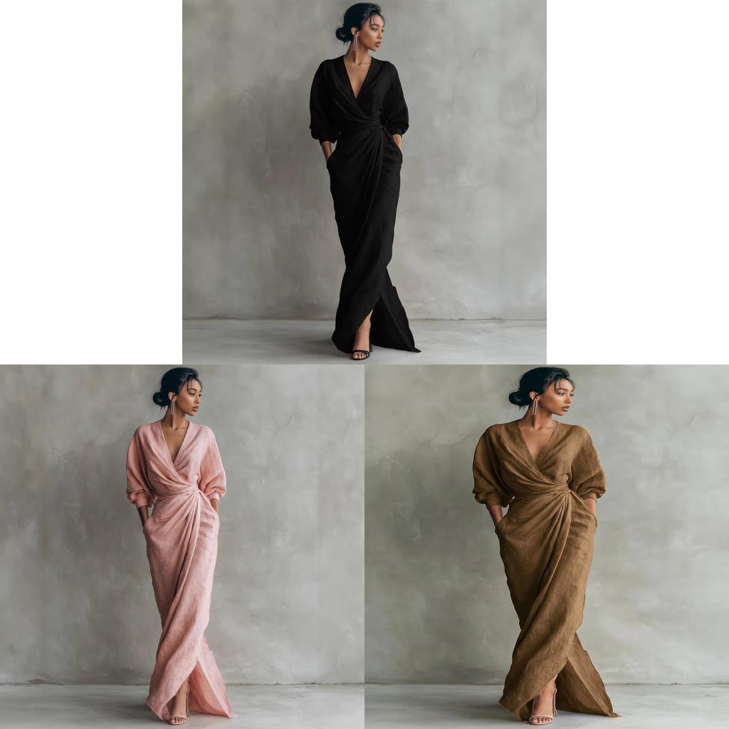 Polyester V-hals Lange Jurk Met Kruisband Voor Casual Reizen En Feestkleding