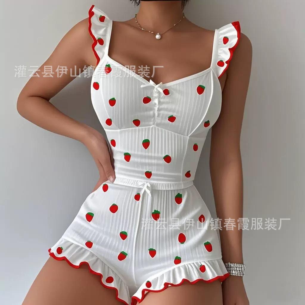 Popular pajamas suspender sexy ruffle edge multi-color love print comfortable casual loungewear women