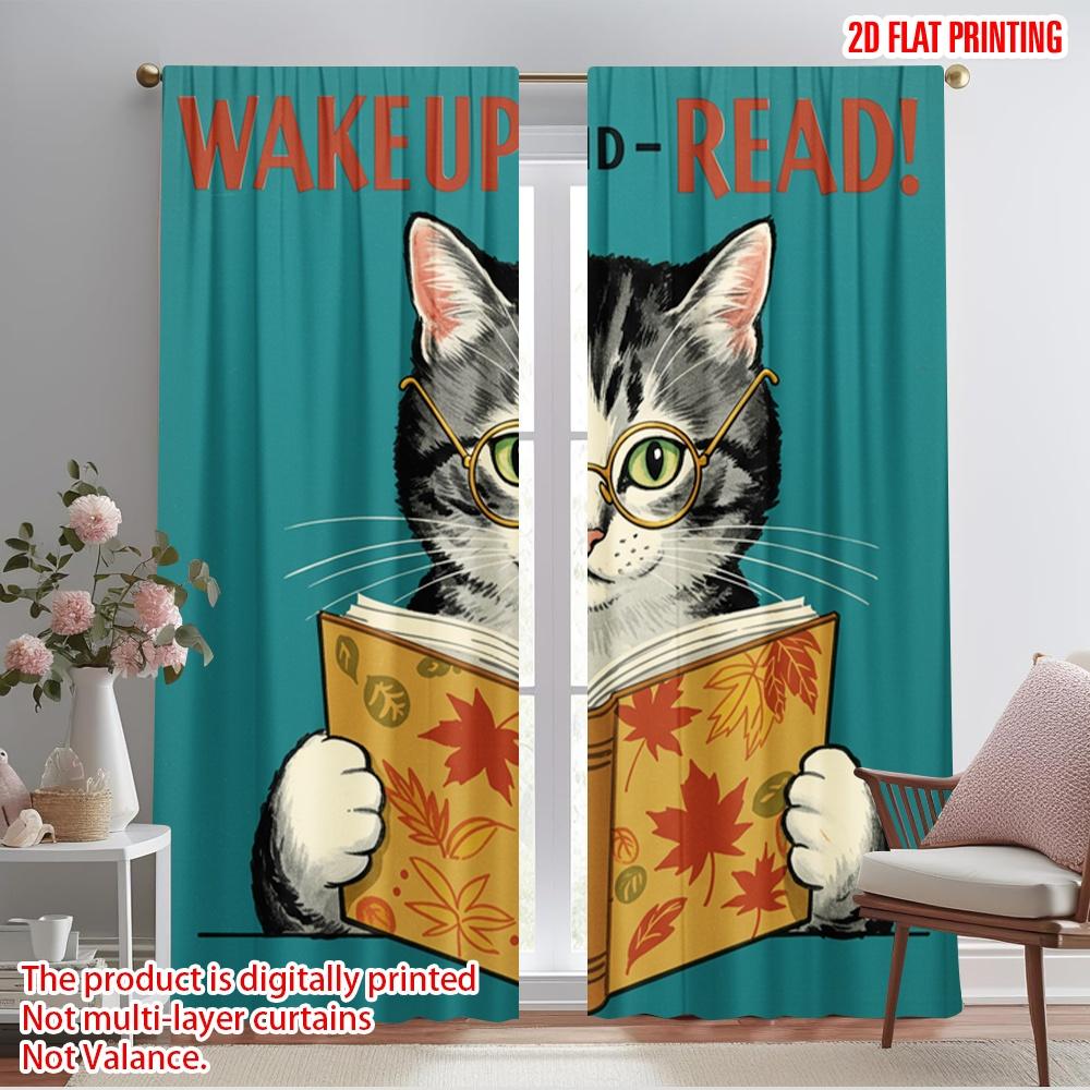 

2pcs 2D flat printing Party Curtains Cat Reading Book National Library Week 100% Polyester Without Electricity Holiday 52.50×116.00 CM 2pcs