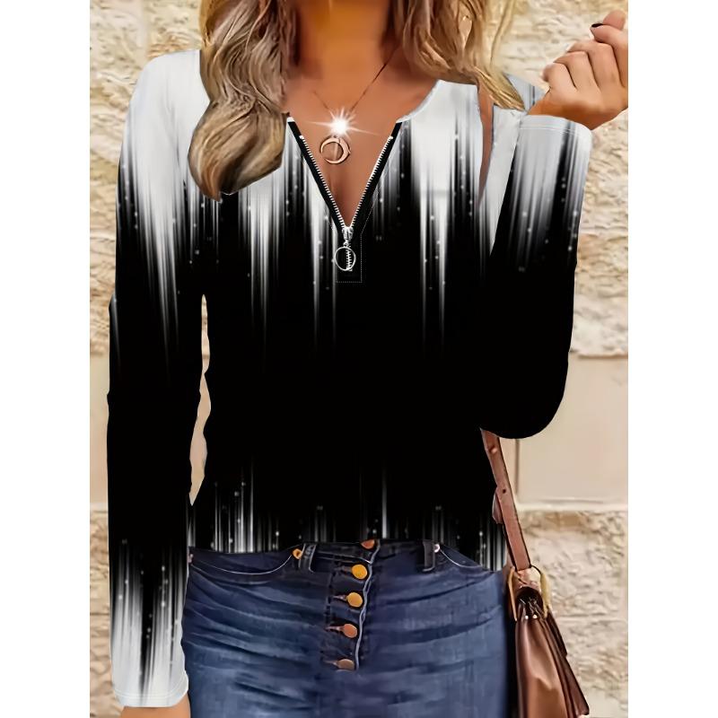 Women's Gradient Starry Sky Zipper Top - Long-sleeved V-neck Design, Black and White Gradient Pattern, Slim and Fashionable for Daily Wear