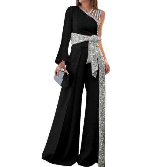 Breathable Bandage 2pcsset Noble Trendy Bowknot Glitter Trim Elegant Women Outfit Blouse Pants Set