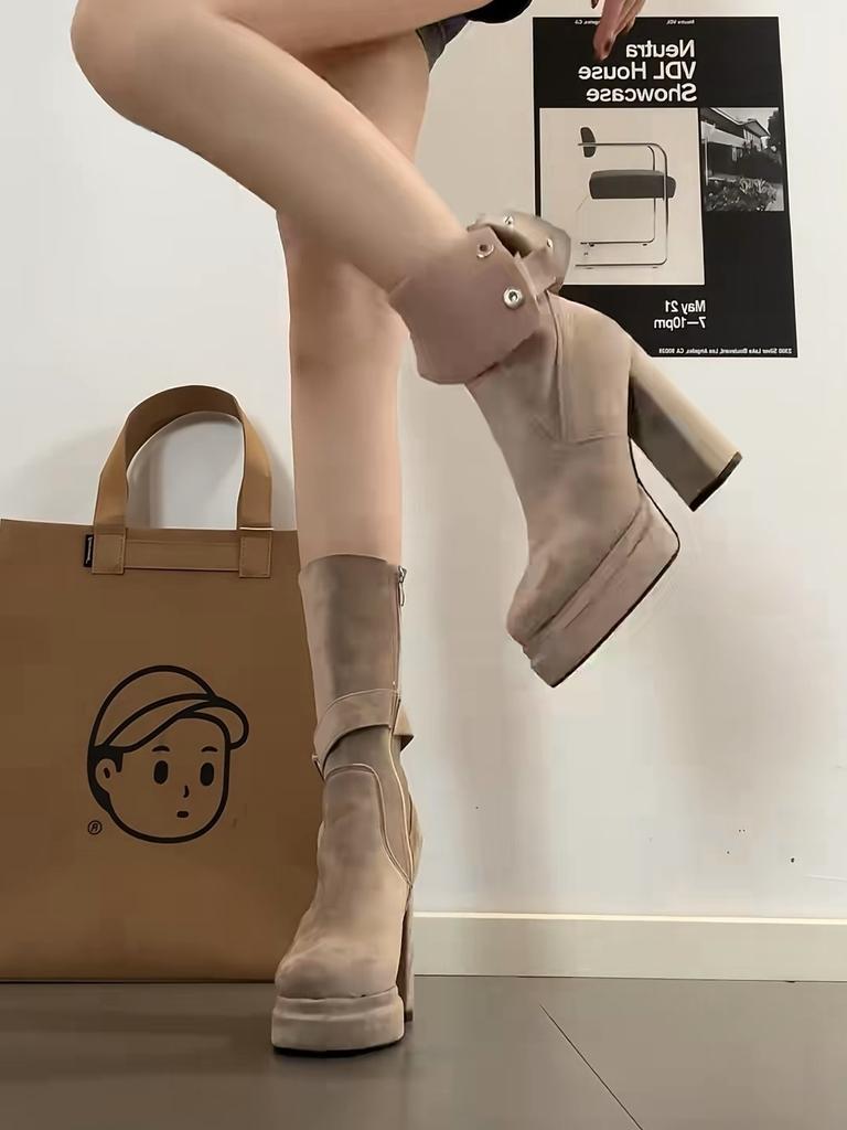 11Cm with waterproof table short boots women's round head thick heel thick sole apricot elastic thin medium tube single boots black