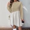 Women Long Sleeve A Line High Waist Pleated Color Block O Neck Long Dress Spring Summer