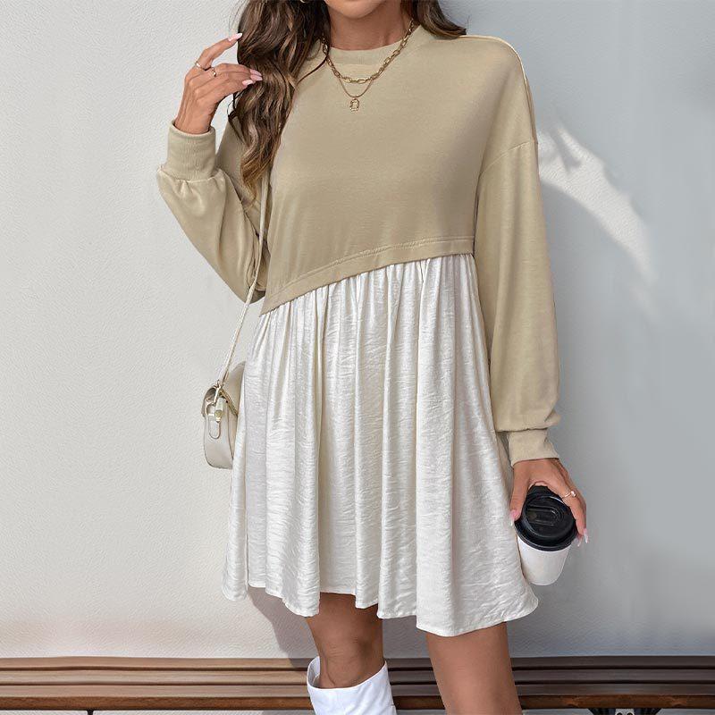 Women Long Sleeve A Line High Waist Pleated Color Block O Neck Long Dress Spring Summer