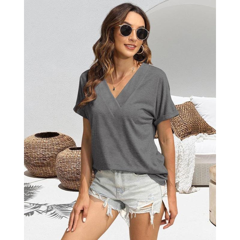 IHUASU Women's Fashion Casual Solid Color Print Short Sleeve V Neck Blouses & Shirts Unique design