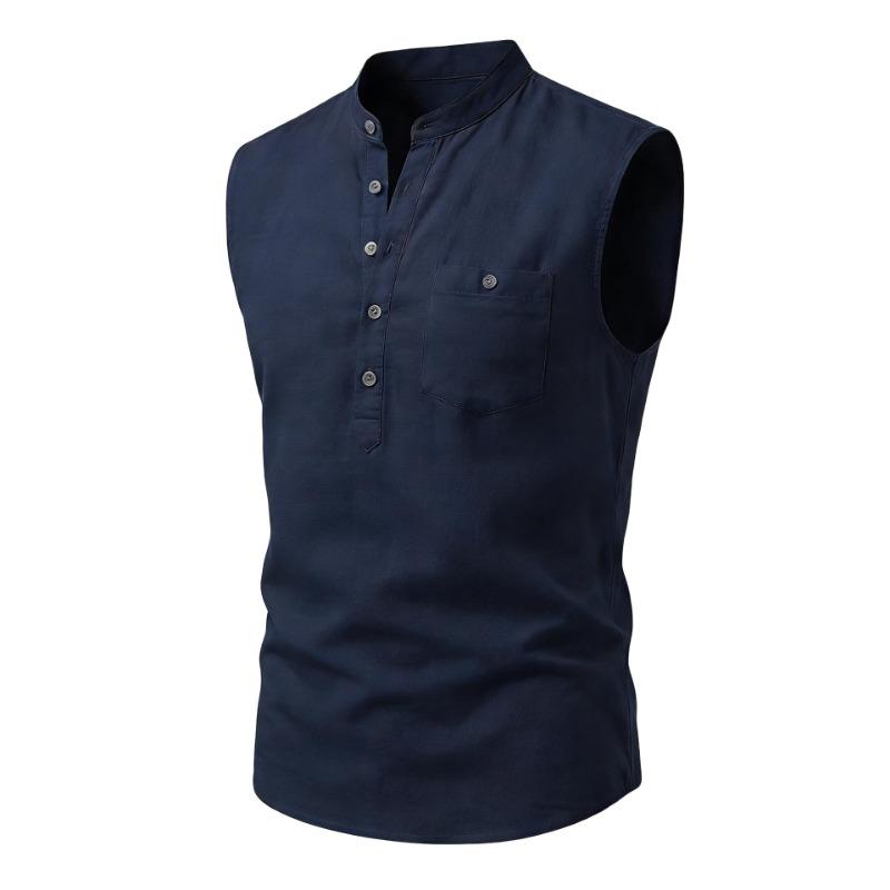Ärmelloses Henley-Hemd für Herren aus Leinenmischung mit Brusttasche, Mehrfarbig, Lässiges Sommer-Tanktop