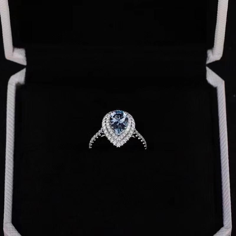 S925 Sterling Silver Adjustable Aquamarine Water Drop Ring for Women - Trendy, Inlaid Open Band, Simple Design for Index Finger