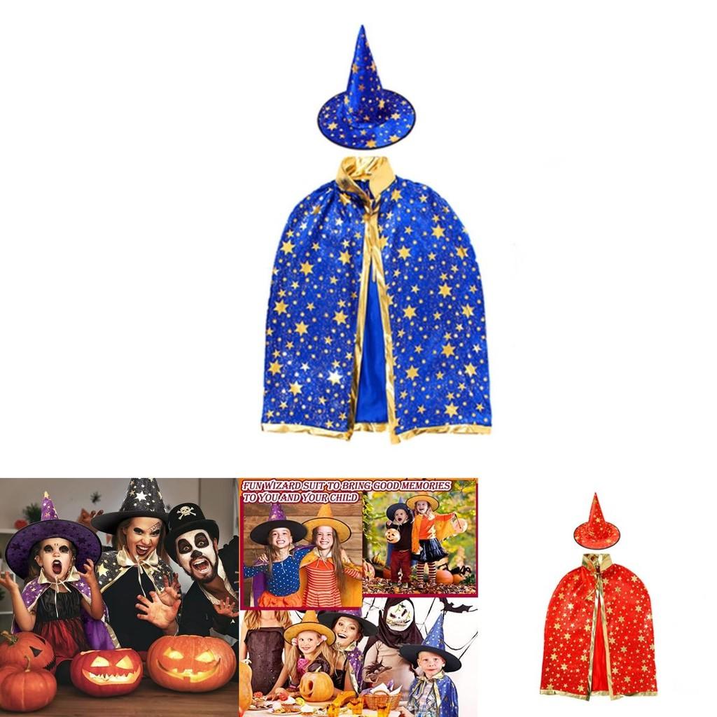 Halloween Wizard Cape Witch Cloak Kids Costume With Star Pattern And Hat For Cosplay Party