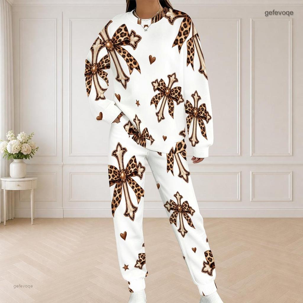 Women Plus Size White Halloween Printed Round Neck Long Sleeve Two Piece Set With Side Pockets