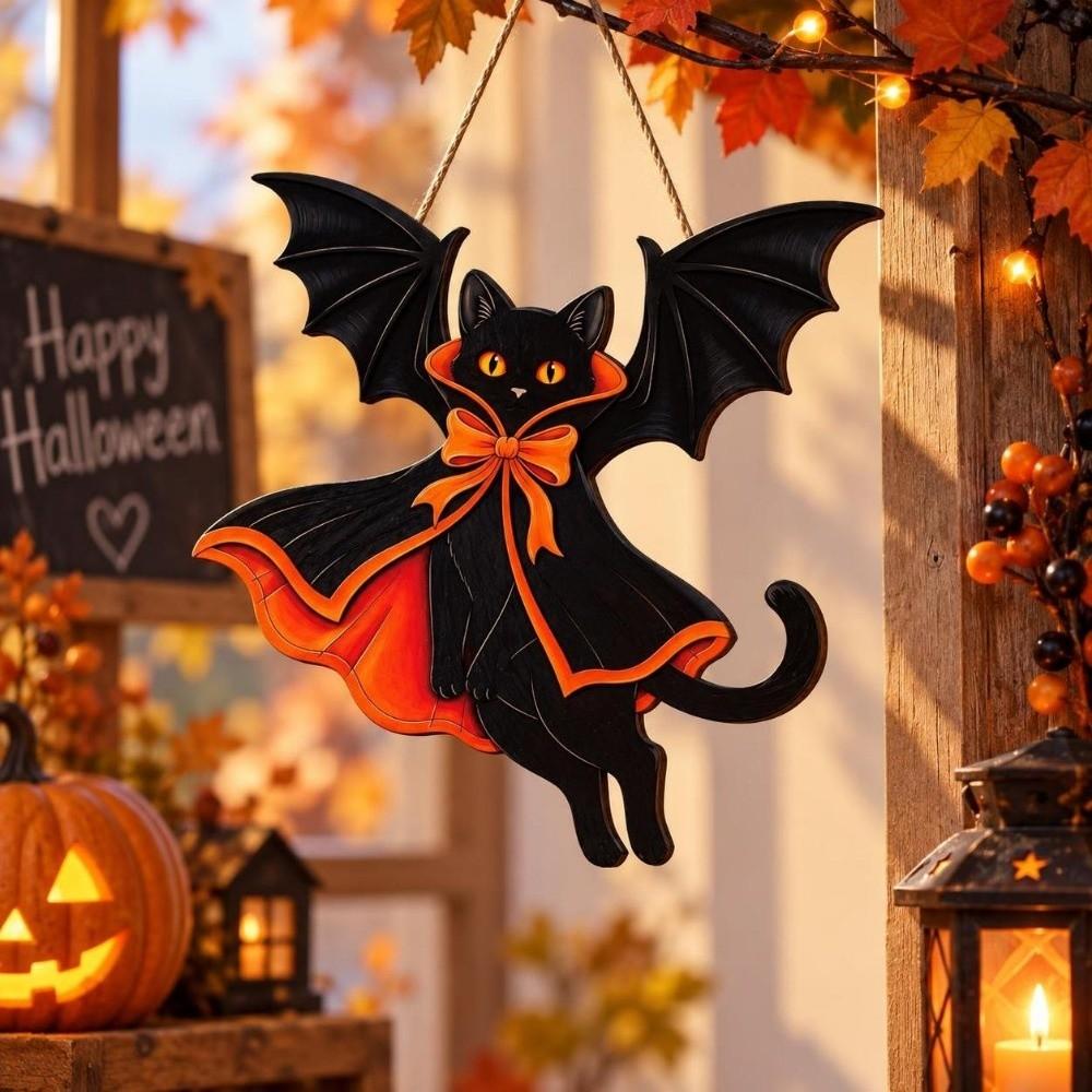 2D Flat Black Cat Pendant Gothic Style Halloween Decoration Outdoor Garden
