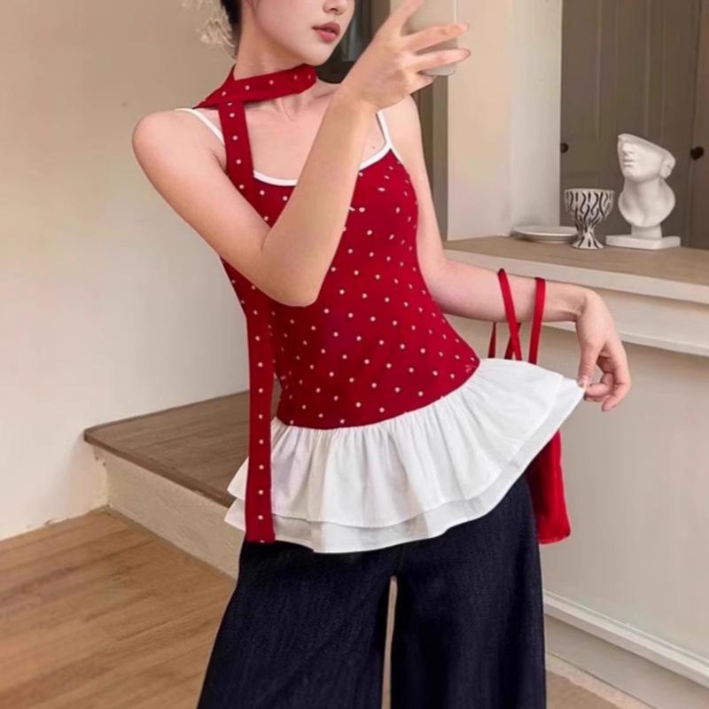 Women's Red Polka Dot Ballet-Style Bow Camisole with Ruffled Ribbon Trim