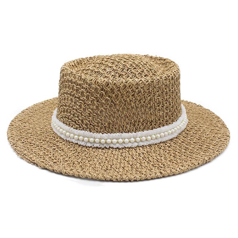 New Hand-woven Concave Convex Top Pearl Straw Women's Beach Sunshade Sunscreen Shows Small Temperament Straw Hat Tide