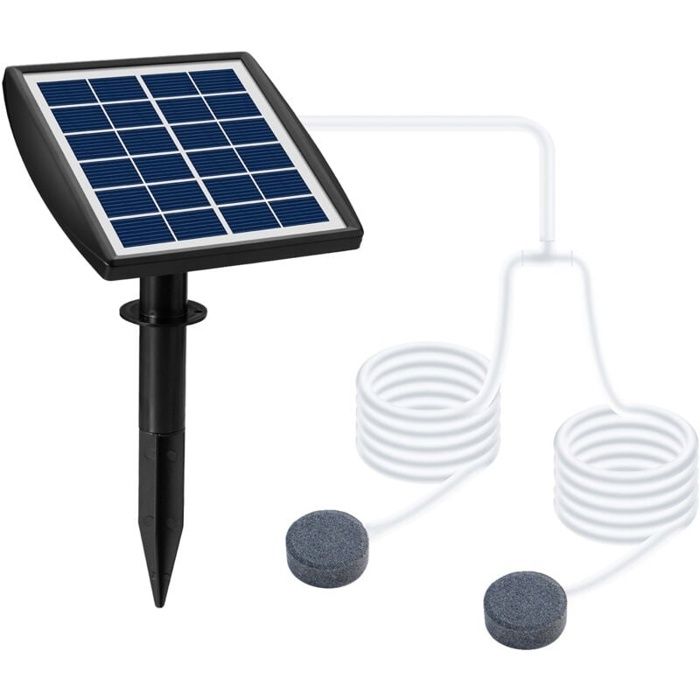 AIMOONSA Pompe à oxygène solaire 6V 2W — batterie 2200mAh, tuyau 2,5 m, 2 pierres à bulles pour bassins et étangs