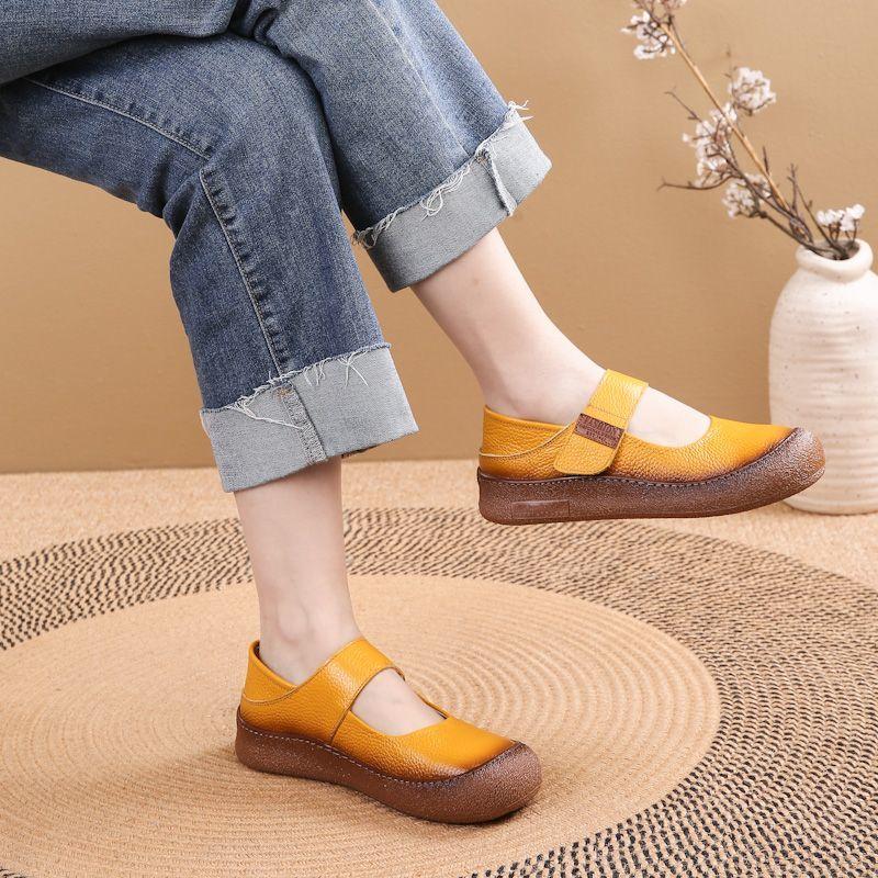 Fashion New authentic cow leather flats woman summer mary jane shoes for women autumn soft strappy loafer ladies daily walk shoes travel