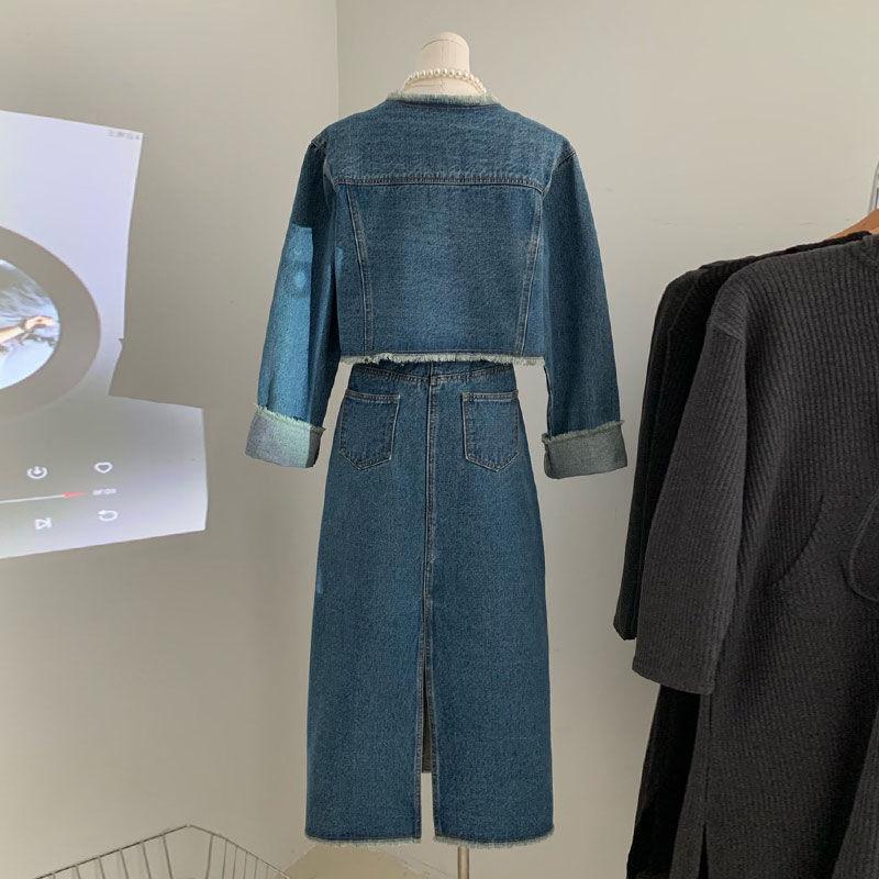 Women's Retro Frayed Denim Suit: Short Jacket & Slit Midi Skirt Two-Piece Set for Spring/Autumn