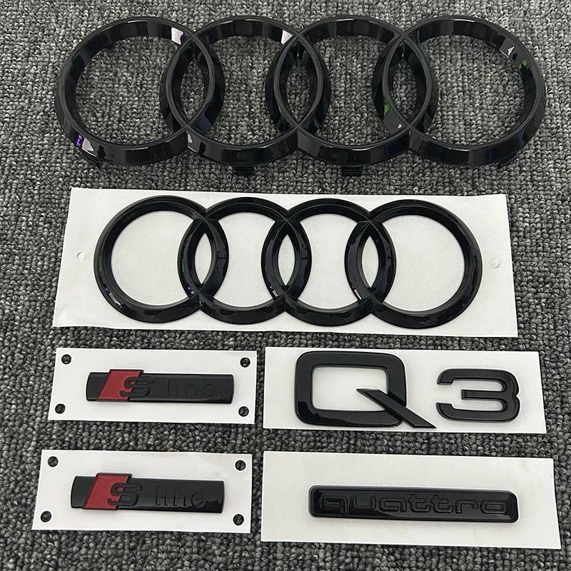 Emblema Griglia Anteriore Cofano Auto Nero ABS Logo 4 Anelli Adesivo Emblema Baule Posteriore per AUDI Q3 2013-2022 Sline Quarrto Decorazione Laterale