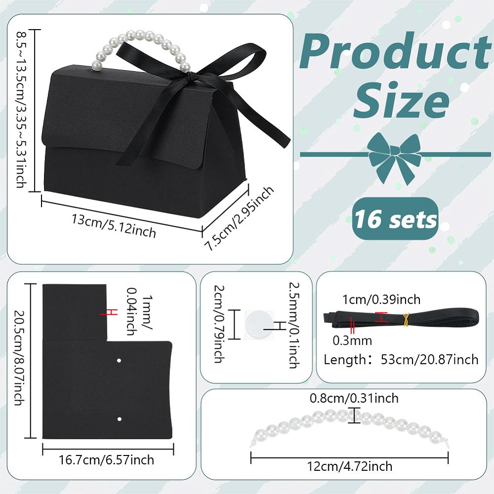 16sets Foldable Paper Wedding Candy Totes with Plastic Imitation Pearl Round Beaded Handle and Ribbon Handbag Shape Black