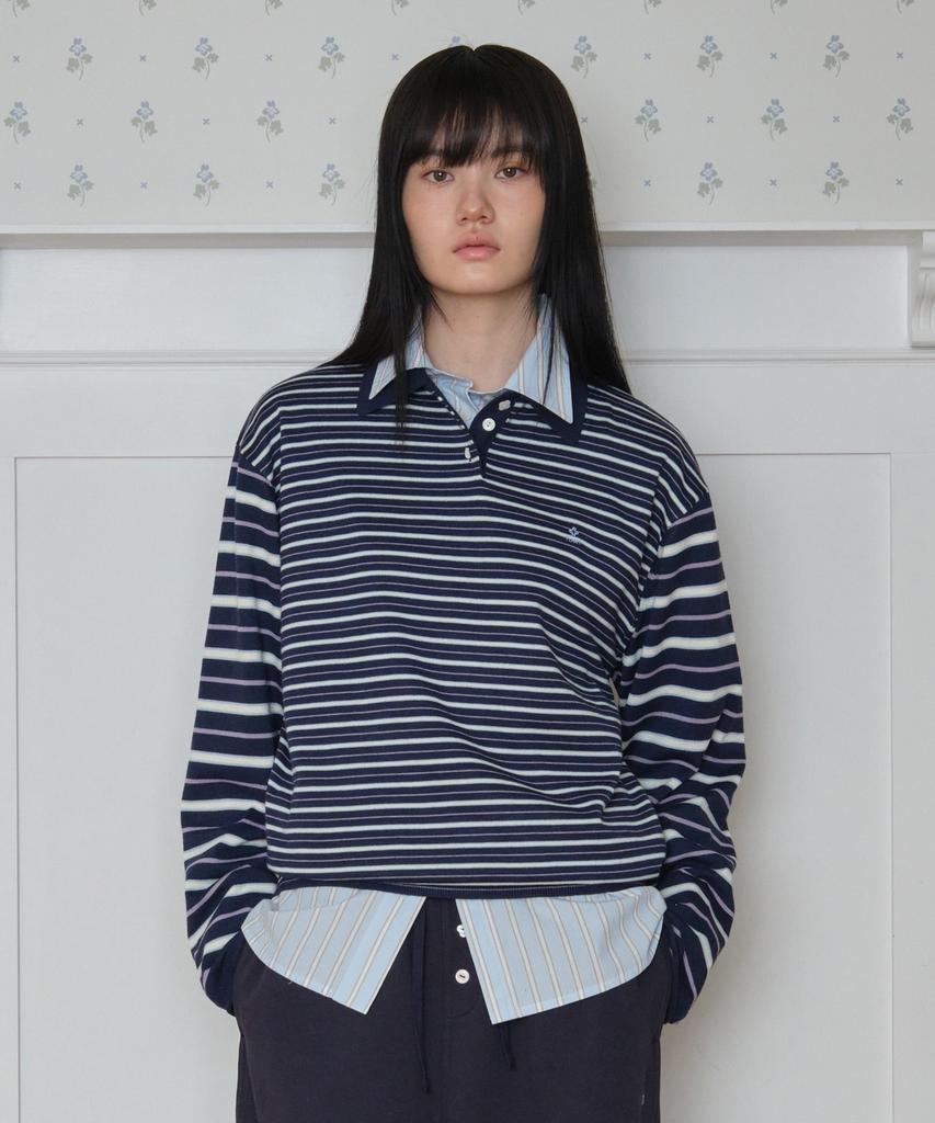 Tudument Stripe Long Sleeve Polo Knit_Navy
