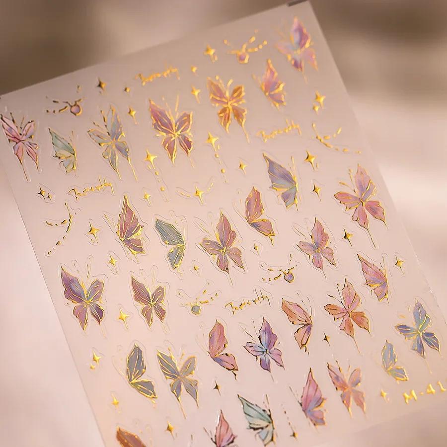 Shiny Jelly Butterfly Charming Golden Gradient Bowknot 5D Self Adhesive Nail Art Sticker Flower Petal Rhinestone Manicure Decals