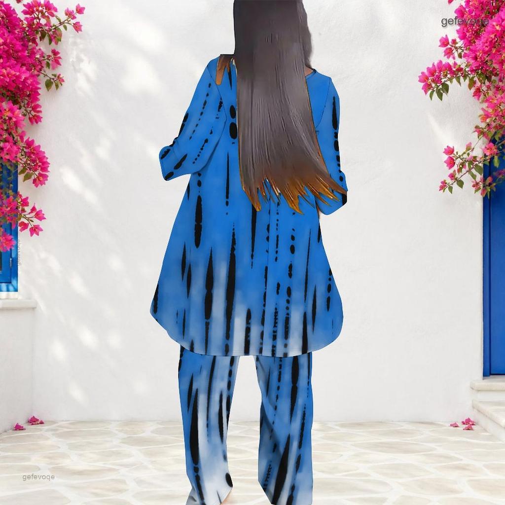 Women Plus Size Round Neck Long Sleeve Printed Layered Top Wide Leg Pants Two Piece Set