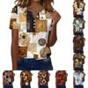 Women's Fashionable Casual Retro Print V-Neck Short Sleeve Decorative Button T-Shirt Top