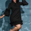 C8570 European & American Plus Size Women's 2024 Ruffle Tie Dress with Stacked Sleeves - Solid Color, Elegant Style.