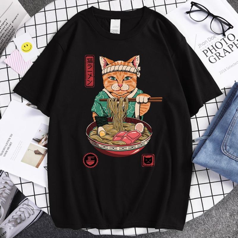 Summer Unisex 100 Cotton Shortsleeved Breathable Samurai Cat Personalized Print Tshirt For Casual And Loose Fit Hiphop Style