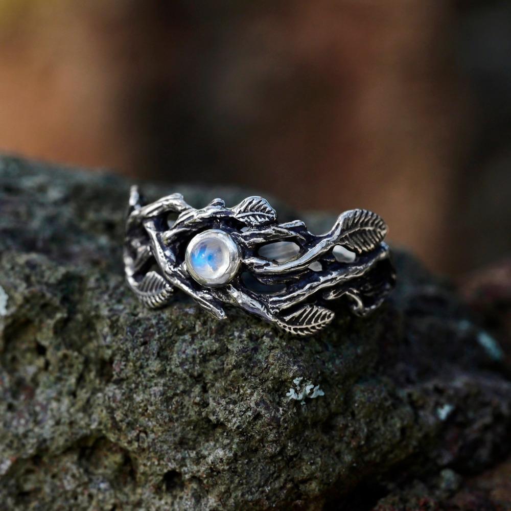 WOSIKATE Vintage Creative Branch Thai CopperRing For Women Fashion Jewellery With Synthetic Moonstone Thai CopperLeaf Ring