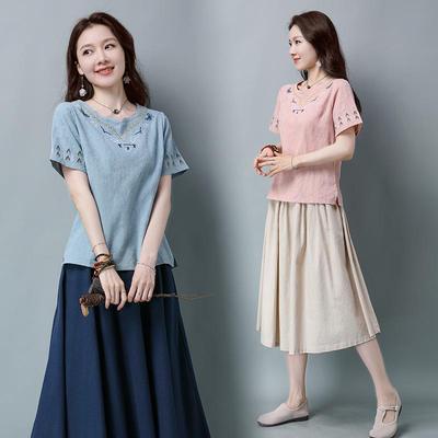 2026 Summer Ethnic Style Women's Embroidered Cotton-Linen V-Neck Short Sleeve Loose Plus Size Top