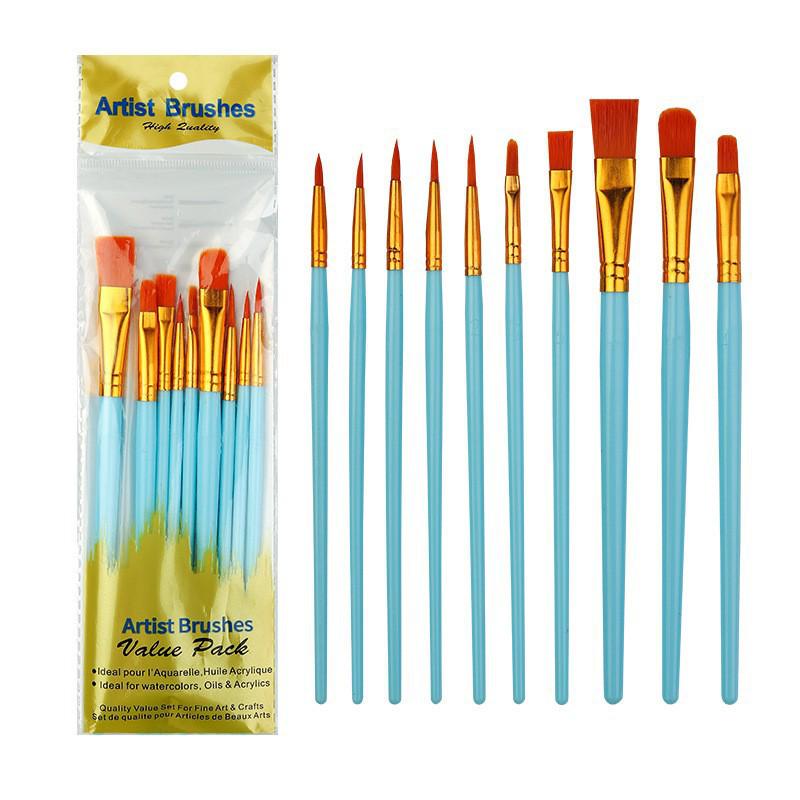 10-Piece Children's Paint Brush Set: Blue Handle Nylon Brushes for Acrylic, Watercolor, and Oil Painting