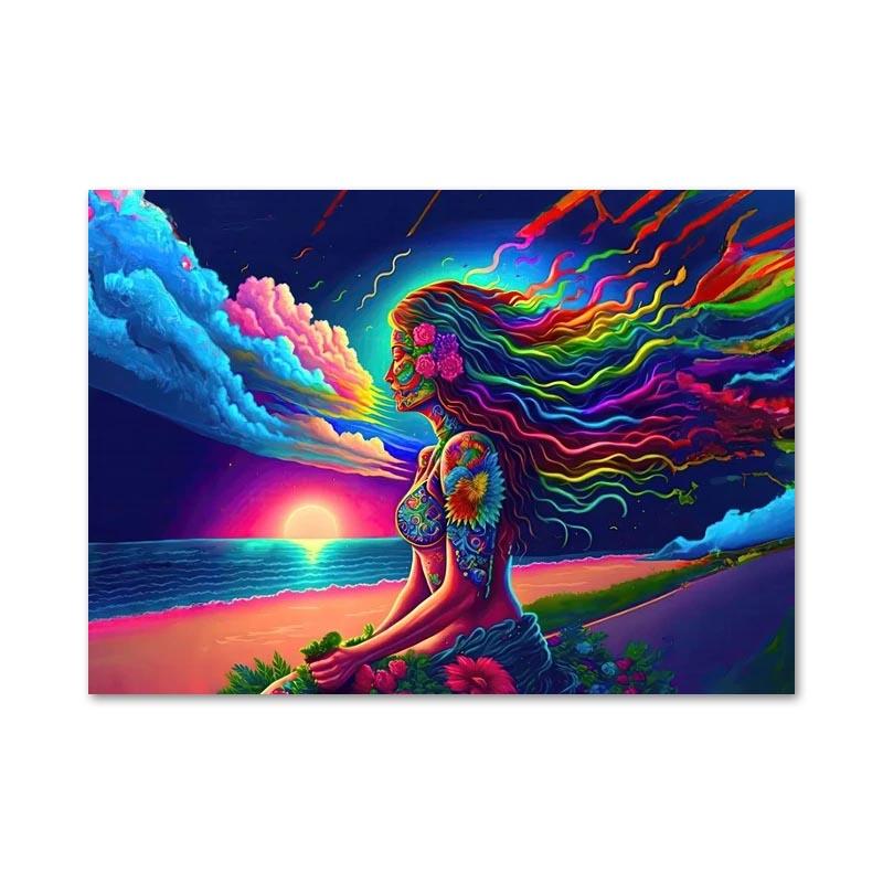 Abstract Colorful Rainbow Goddess Lotus Posters and Prints Figures Canvas Painting Wall Art Pictures for Room Home Decoration