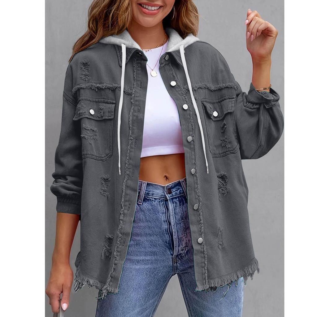 New Denim Hooded Jacket, Women's Solid Color Loose Jacket, Ripped Long-sleeved Women's Denim Shirt