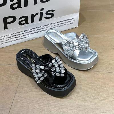 Fashion Platform Sandals Summer New Rhinestone Bow Cross Line with Slippers Waterproof Platform Women's Shoes
