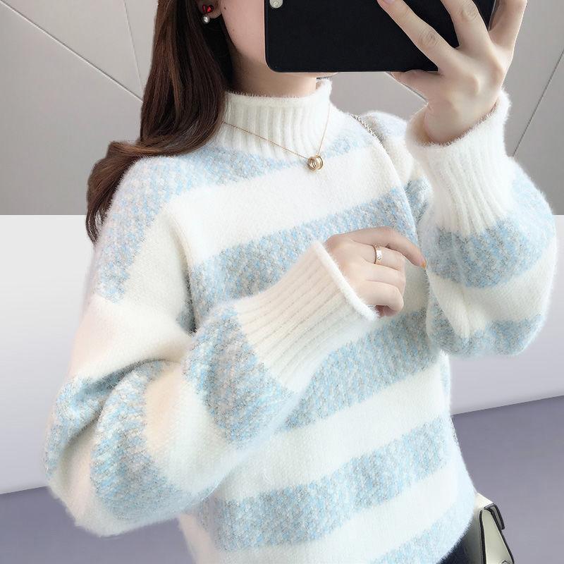 Turtleneck Striped Sweater Women's Autumn and Winter New Loose Outer Wear Casual Imitation Mink Velvet Knitted Sweater Tide