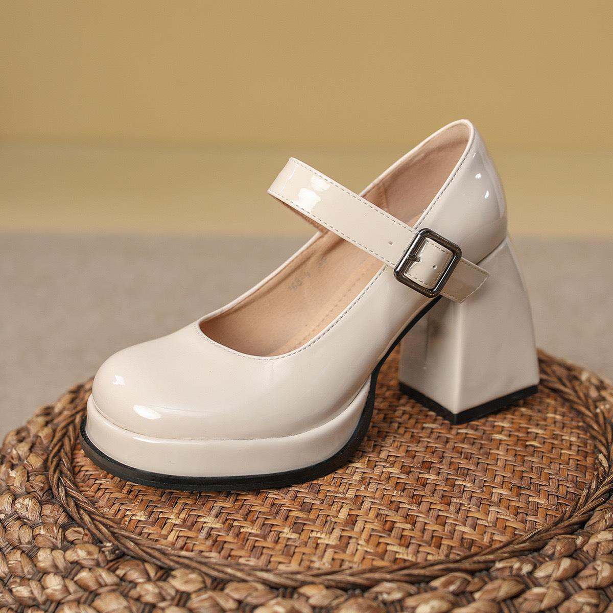 

Sheepskin version high heels women s wedding shoes French word belt Mary Jane shoes waterproof table thick heel single shoes temperament bridesmaid sh 40