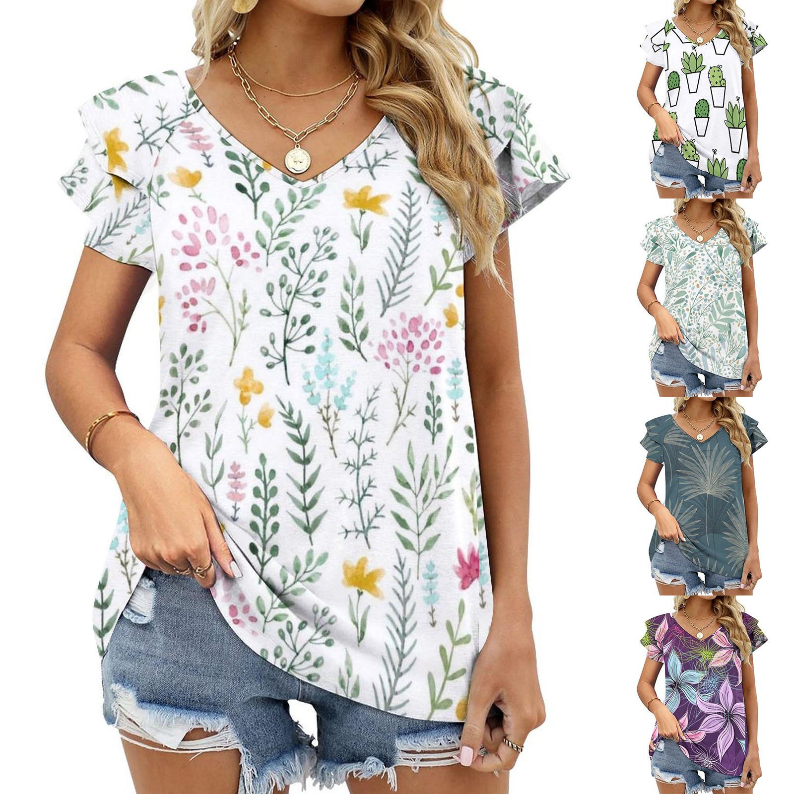 

Женский модный топ с короткими рукавами и v-образным вырезом с баской и принтом