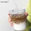 1/2PCS 380ml Stripe Glass Cup Transparent Glasses With Lid and Straw Ice Coffee Mug Tea Cup Juice Glass Milk Water Cup Drinkware