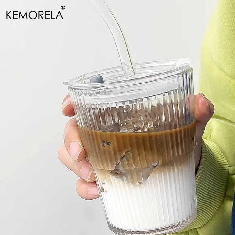 1/2PCS 380ml Stripe Glass Cup Transparent Glasses With Lid and Straw Ice Coffee Mug Tea Cup Juice Glass Milk Water Cup Drinkware