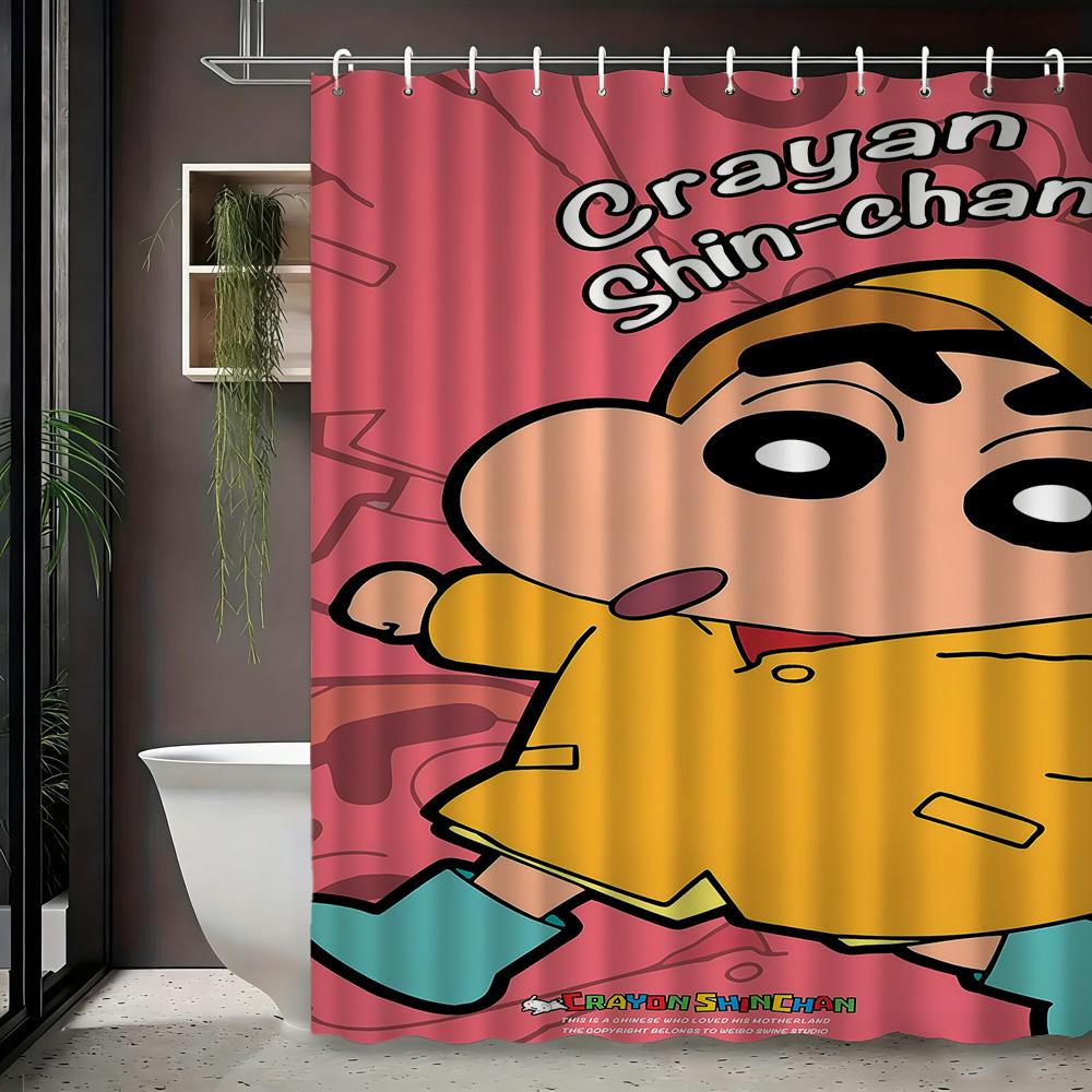 Crayon Shin-Chan Himawari & Pink Crocodile Toy Cartoon 2D Print Waterproof Shower Curtain, Minimalist White With Colorful Stars