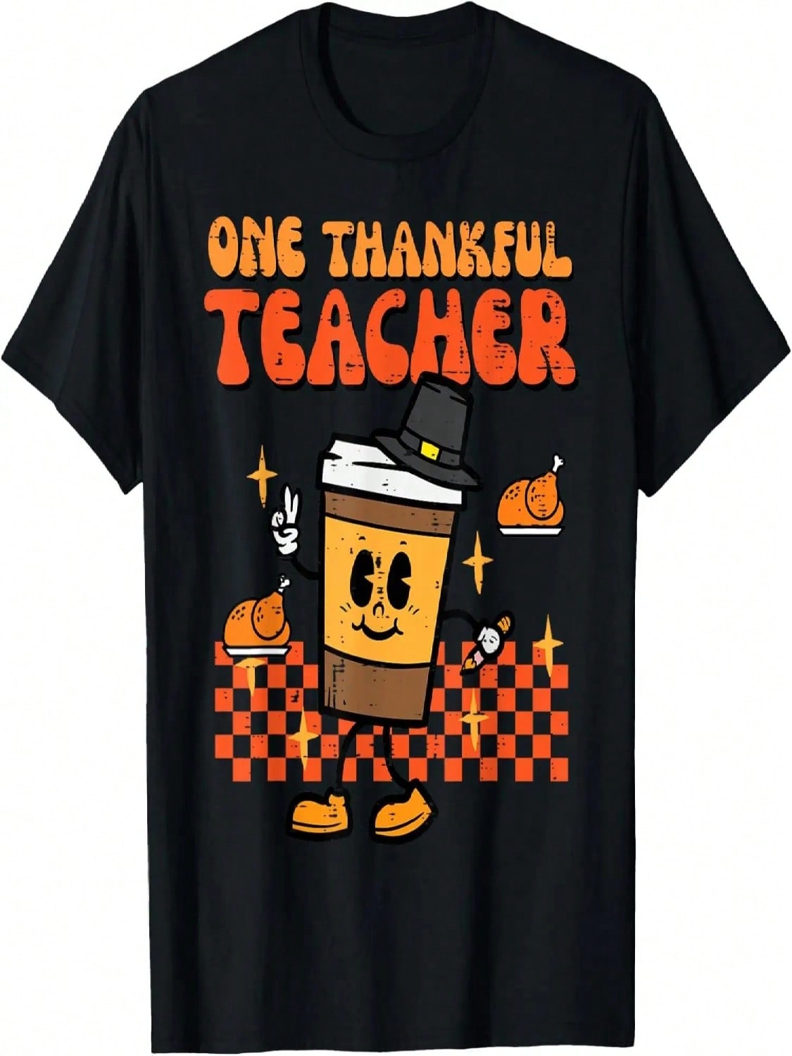 Thanksgiving One Thankful Teacher Retro Coffee unisex Wounisex T-Shirt S разноцветный