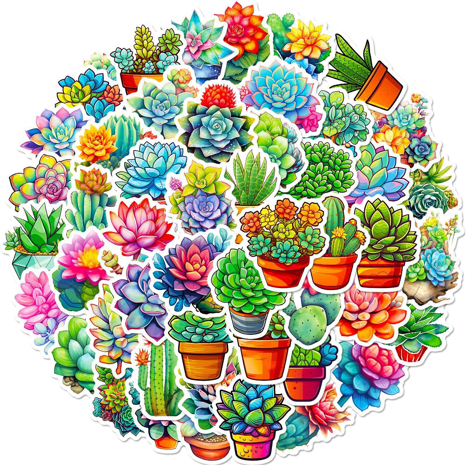 

50 Succulent Stickers Cartoon Ins Wind Succulent Story Series Plant Flowers Graffiti Hand Account Stickers