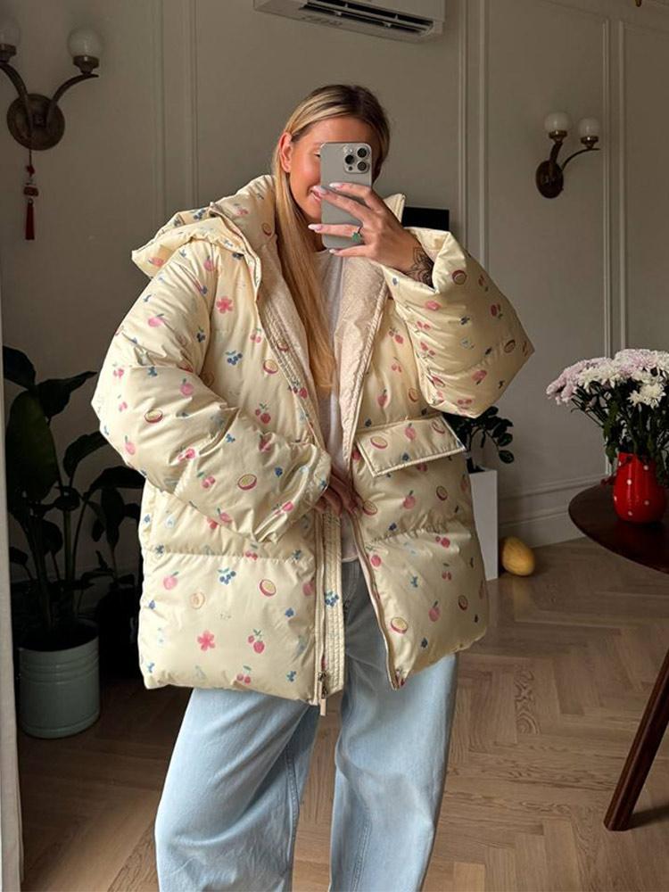 Women's Oversized Stand Up Collar Large Pocket Down Jacket Women's Winter Warm Fashionable Jacket Women's Hooded Printed Down Jacket 2025