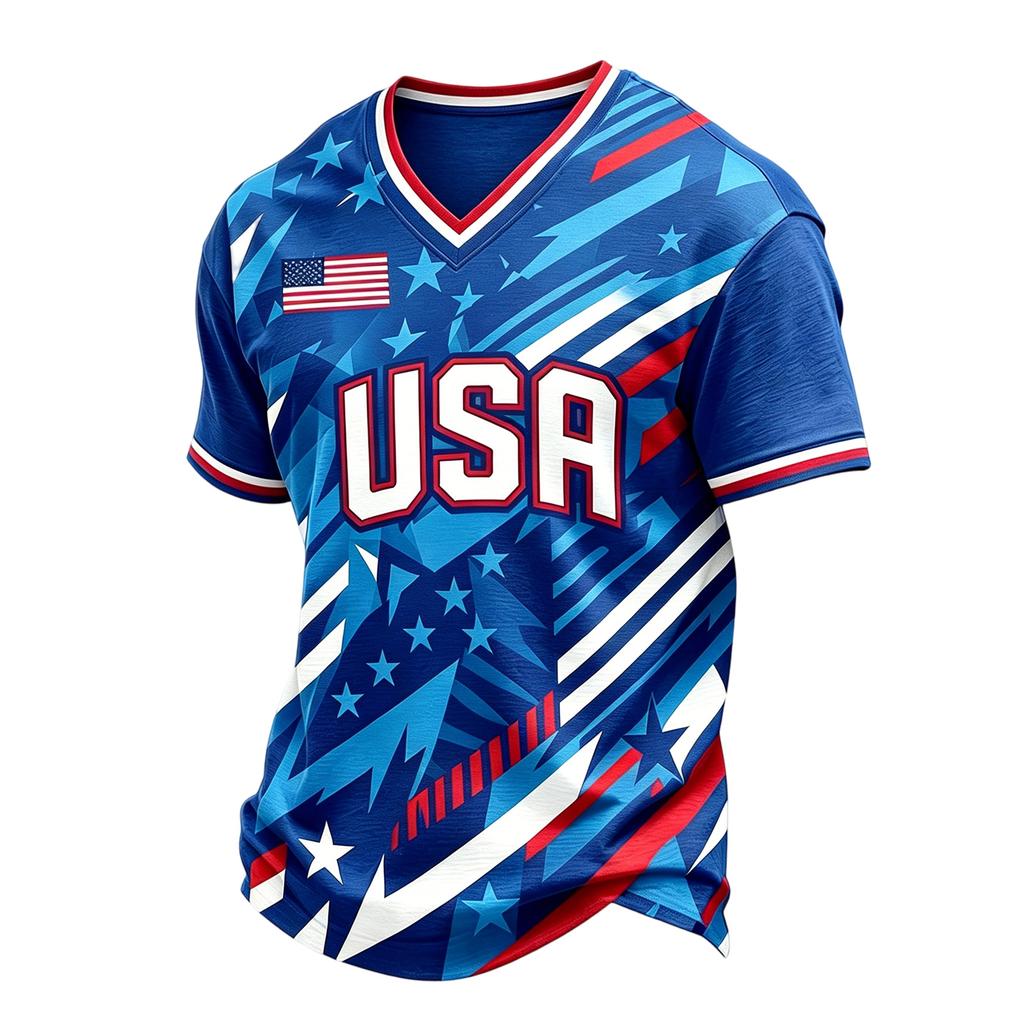 Men's Casual V Neck Short Sleeve Shirt Lightweight Breathable Fabric Printed Design USA Flag Themed Patchwork Summer Top
