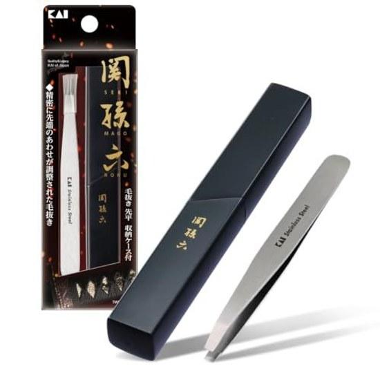 KAI Seki Magoroku Tweezers Flat Tip Storage Case Silver HC3505