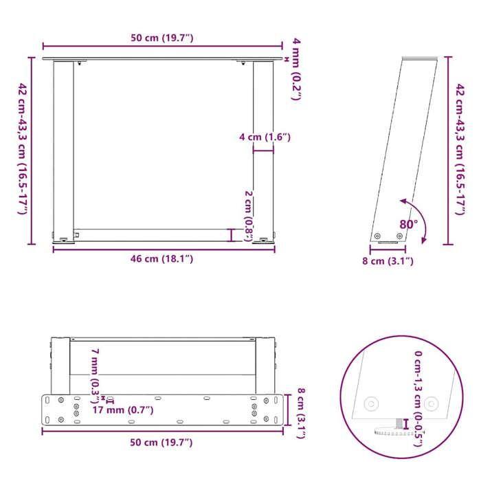 VidaXL Pieds de table basse en U, 2 pièces, noir, 50 x (42-43) cm, acier 4012764